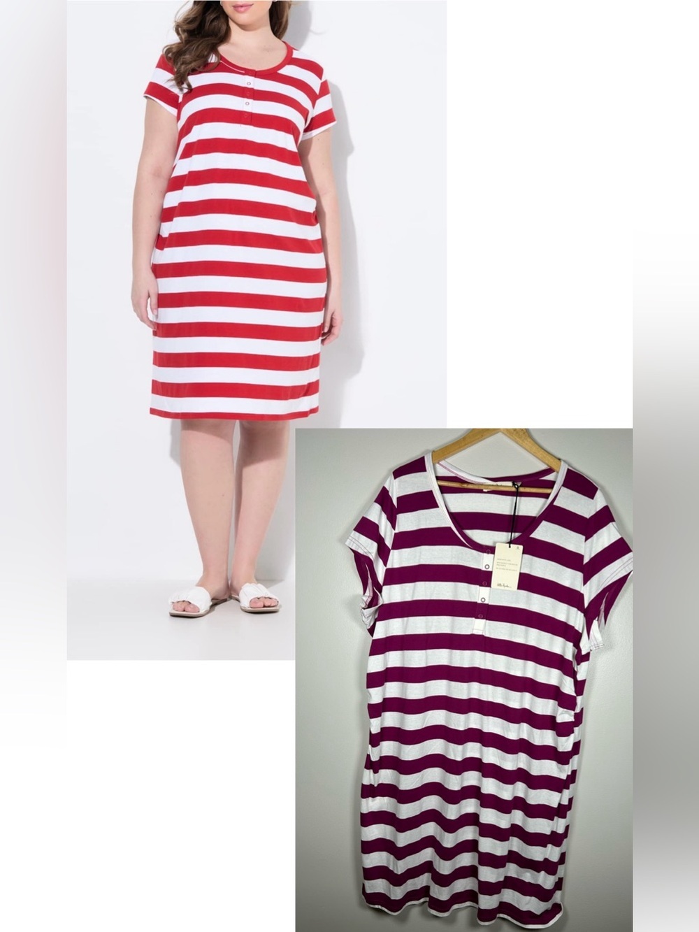 Ulla Popken Bellieva 100%Organic Cotton Striped Jersey Dress in Purple and White